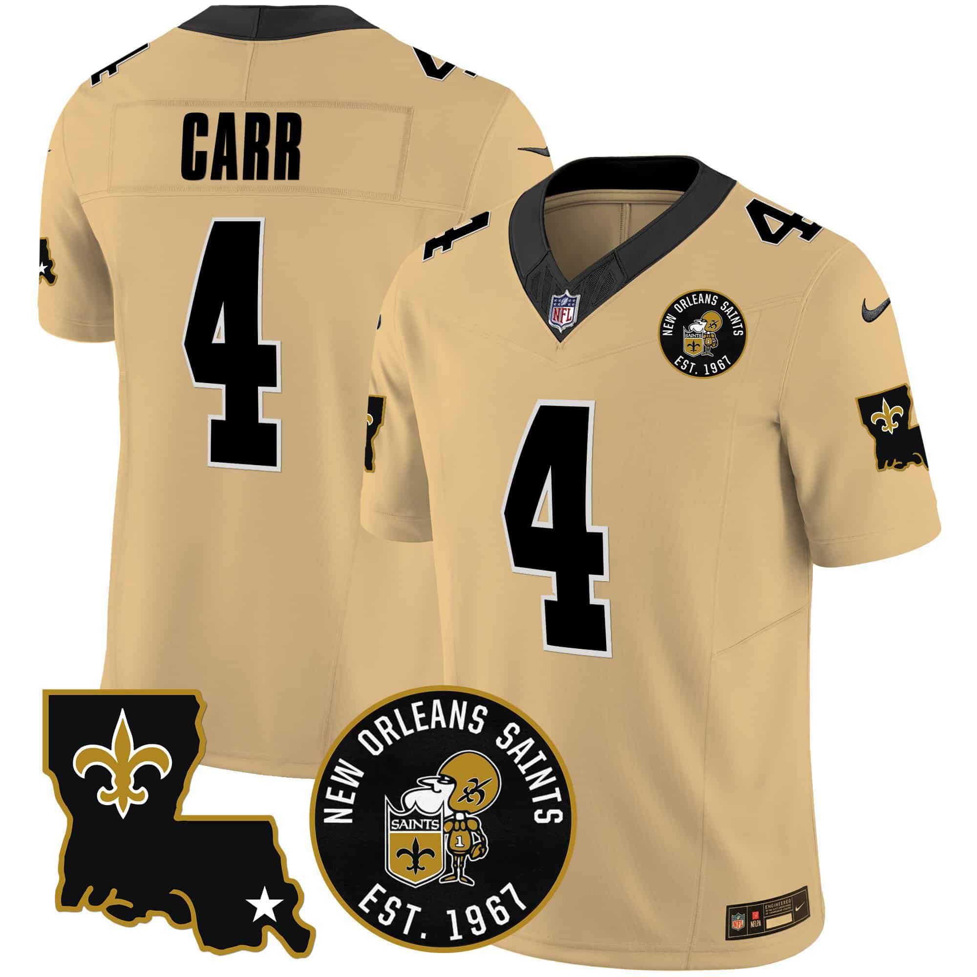 Men New Orleans Saints #4 Carr Yellow 2024 Nike 1967 Patch Vapor Limited NFL Jersey style 1